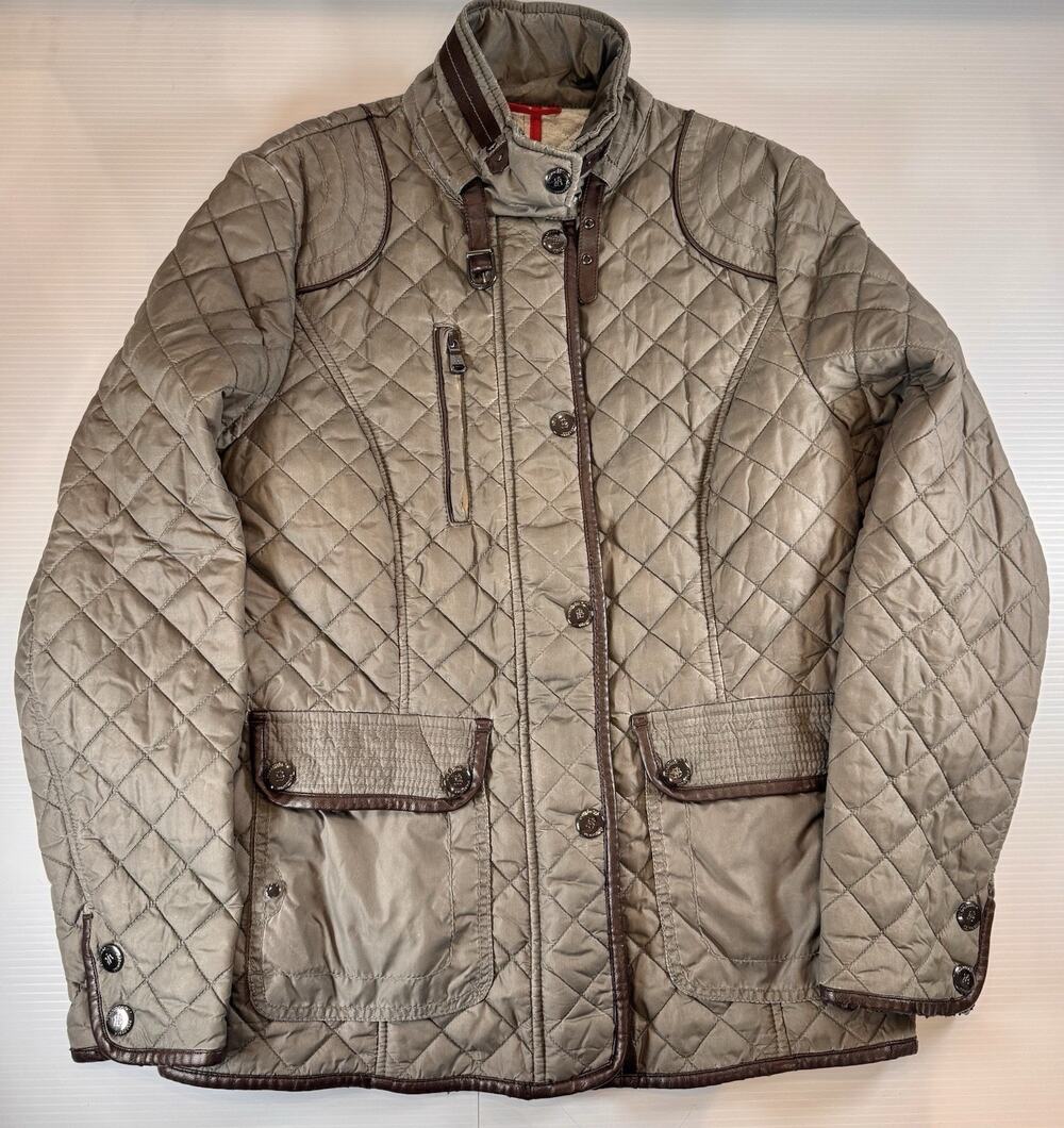 Polar Bear Womens Quilted Jacket 42 US L Taupe Faux Leather Trim Equestrian Vtg